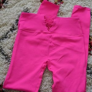 Fabletics pink lace up high waisted leggings